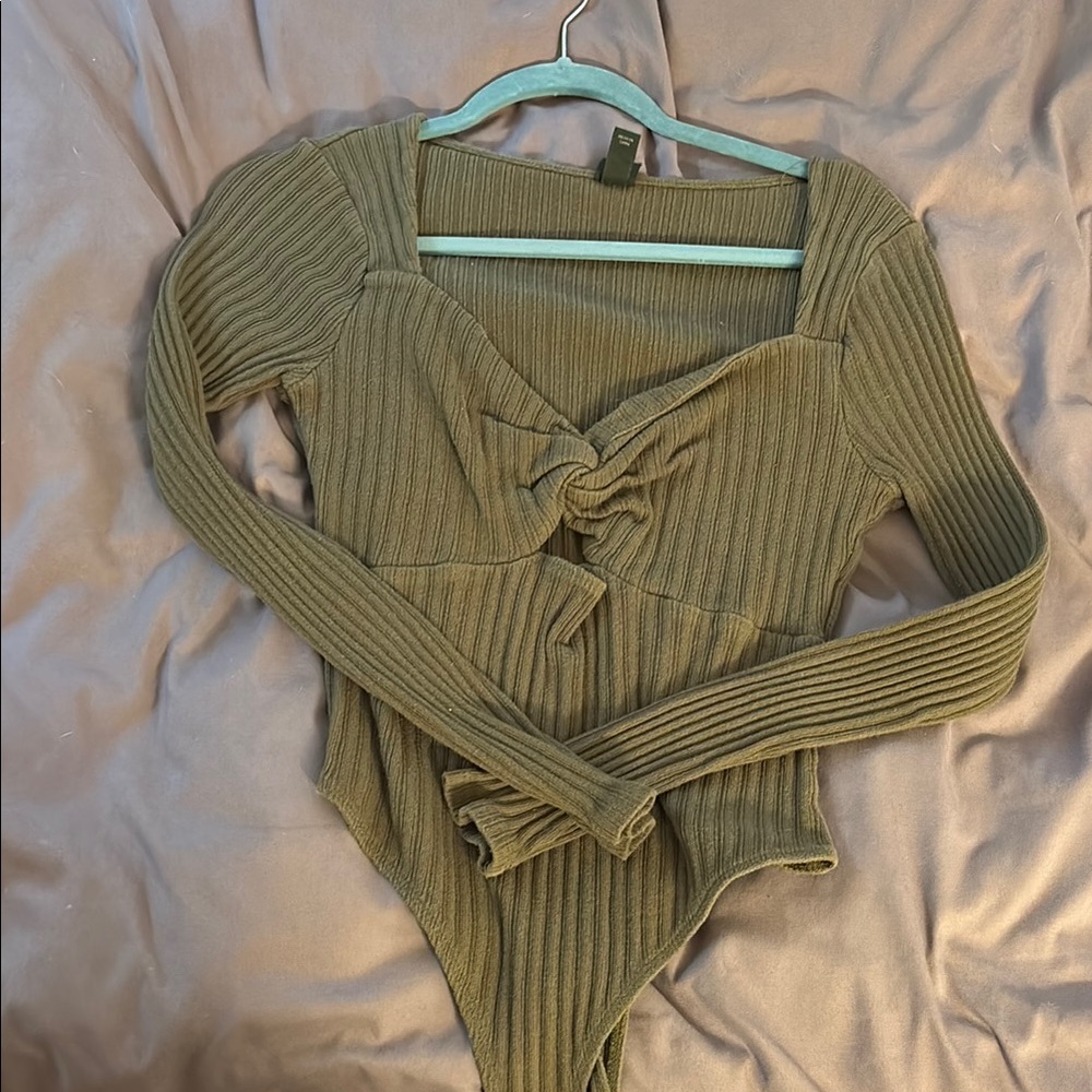 Olive Green Ribbed Long Sleeve Bodysuit